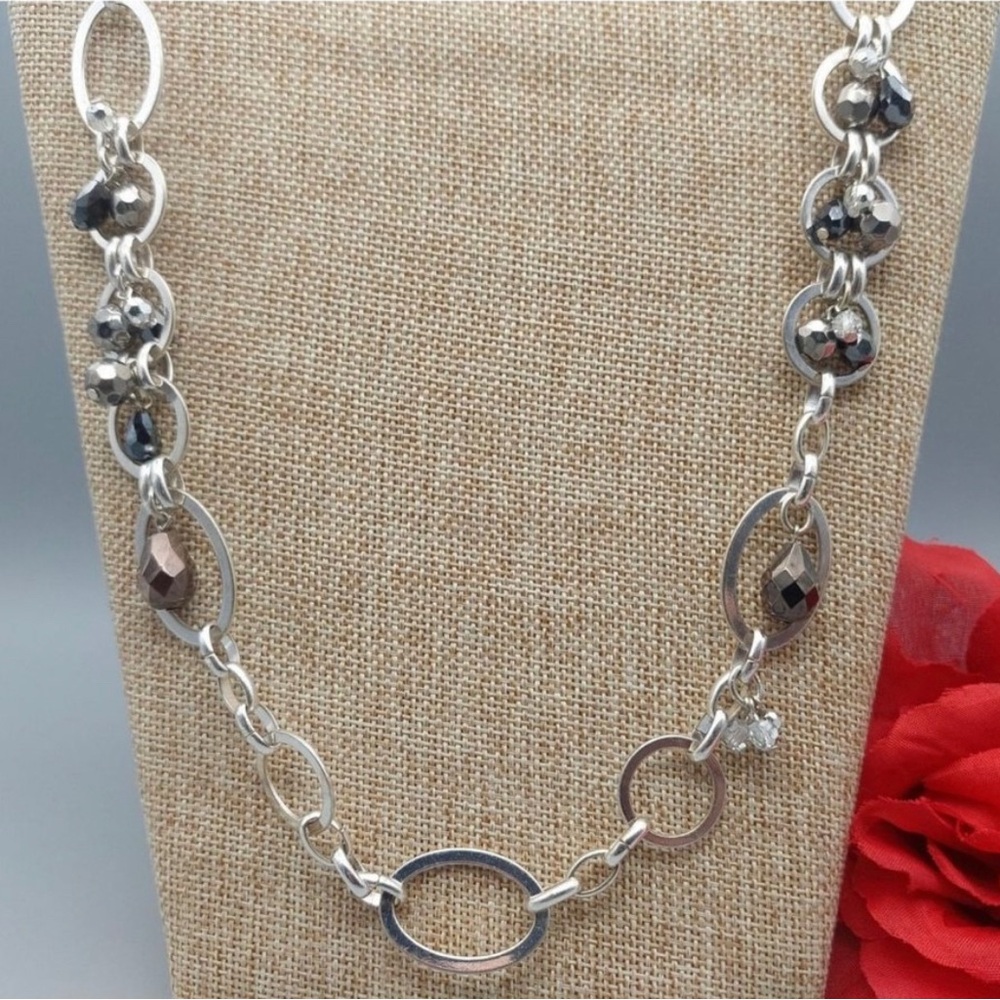 White House Black Market Long Silver Tone Large
Link Necklace Dangle Beads 32"
